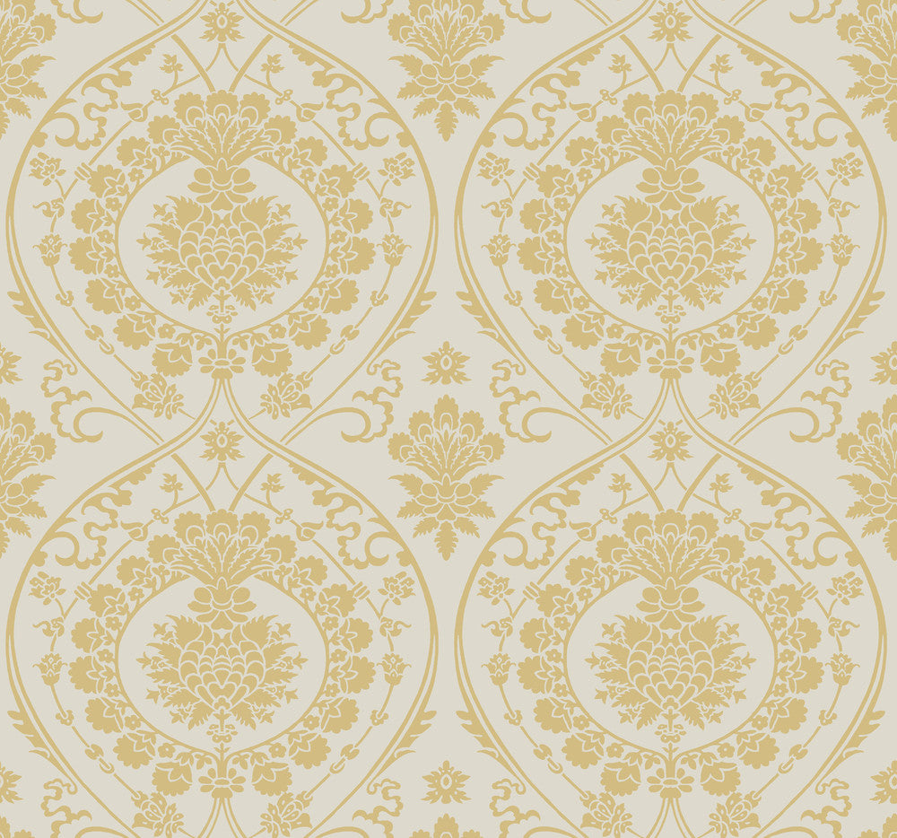 Imperial Damask Off White & Gold Wallpaper by York Wallcoverings Damask Resource Library Covers about 60.8 square feet 27-in by 27-ft long roll Unpasted 12.6 - Fabric Carolina -