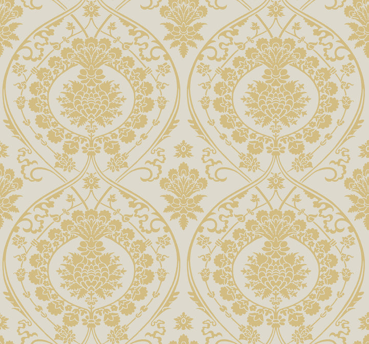 Imperial Damask Off White & Gold Wallpaper by York Wallcoverings Damask Resource Library Covers about 60.8 square feet 27-in by 27-ft long roll Unpasted 12.6 - Fabric Carolina -