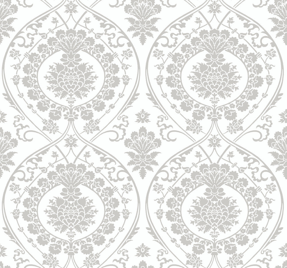 Imperial Damask White & Silver Wallpaper by York Wallcoverings Shimmering Finishes Covers about 60.8 square feet 27-in by 27-ft long roll Unpasted 12.6 - Fabric Carolina -