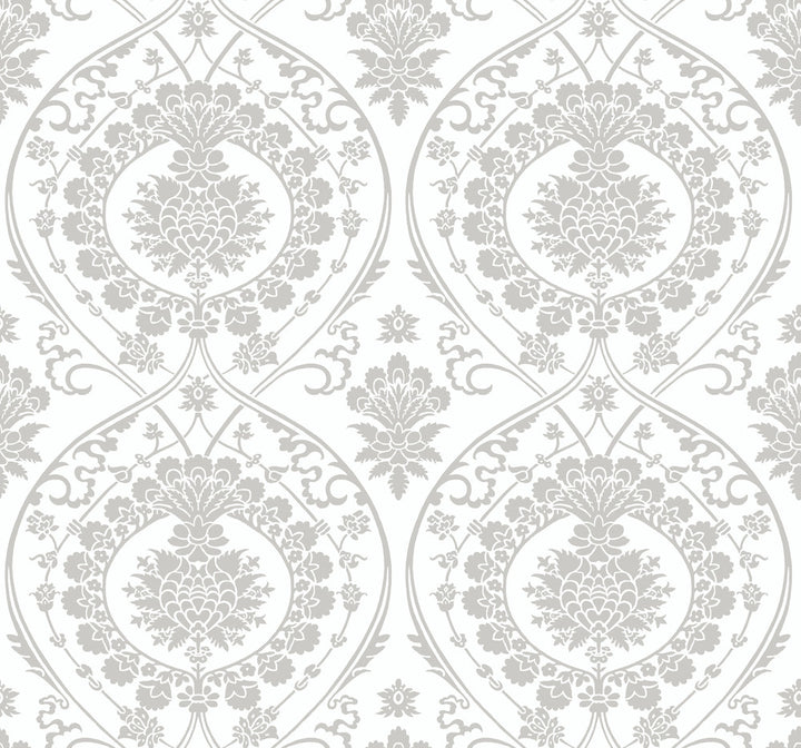 Imperial Damask White & Silver Wallpaper by York Wallcoverings Shimmering Finishes Covers about 60.8 square feet 27-in by 27-ft long roll Unpasted 12.6 - Fabric Carolina -