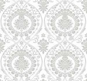 Imperial Damask White & Silver Wallpaper by York Wallcoverings