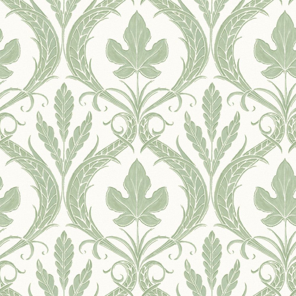 Adirondack Damask Green & White Wallpaper by York Wallcoverings Damask Resource Library Covers about 56.4 square feet 20.5-in by 33-ft long roll Prepasted 20.5 - Fabric Carolina -