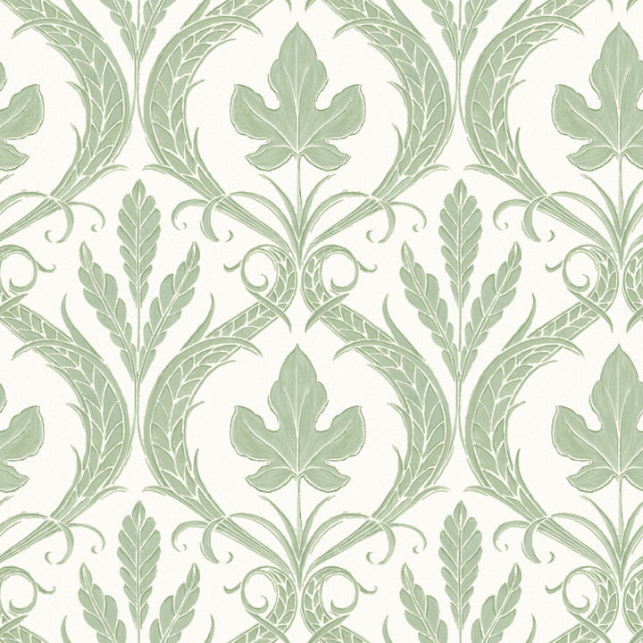 Adirondack Damask Green & White Wallpaper by York Wallcoverings Damask Resource Library Covers about 56.4 square feet 20.5-in by 33-ft long roll Prepasted 20.5 - Fabric Carolina -