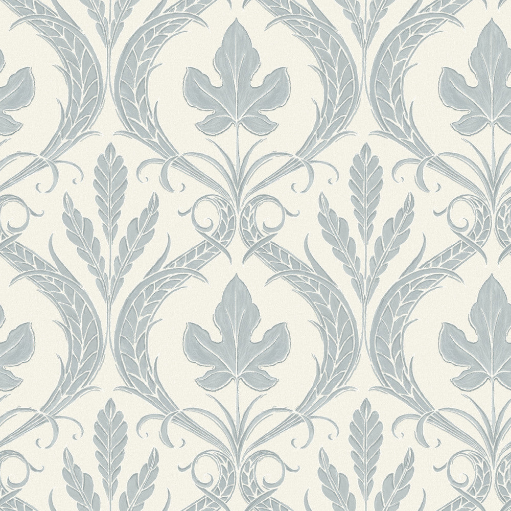 Adirondack Damask Blue & Beige Wallpaper by York Wallcoverings Damask Resource Library Covers about 56.4 square feet 20.5-in by 33-ft long roll Prepasted 20.5 - Fabric Carolina -