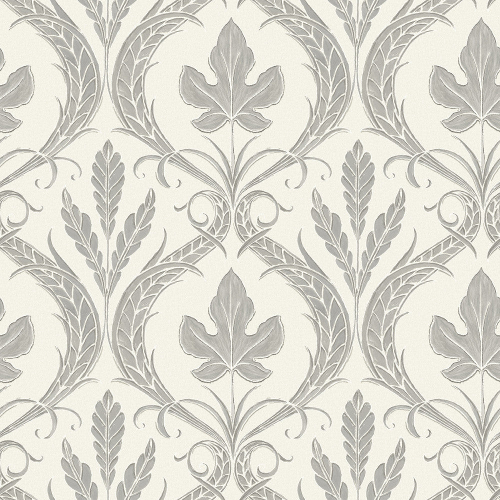 Adirondack Damask Grey & Beige Wallpaper by York Wallcoverings Damask Resource Library Covers about 56.4 square feet 20.5-in by 33-ft long roll Prepasted 20.5 - Fabric Carolina -