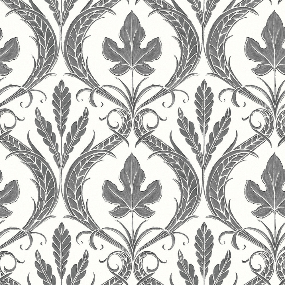 Adirondack Damask Black & White Wallpaper by York Wallcoverings Damask Resource Library Covers about 56.4 square feet 20.5-in by 33-ft long roll Prepasted 20.5 - Fabric Carolina -