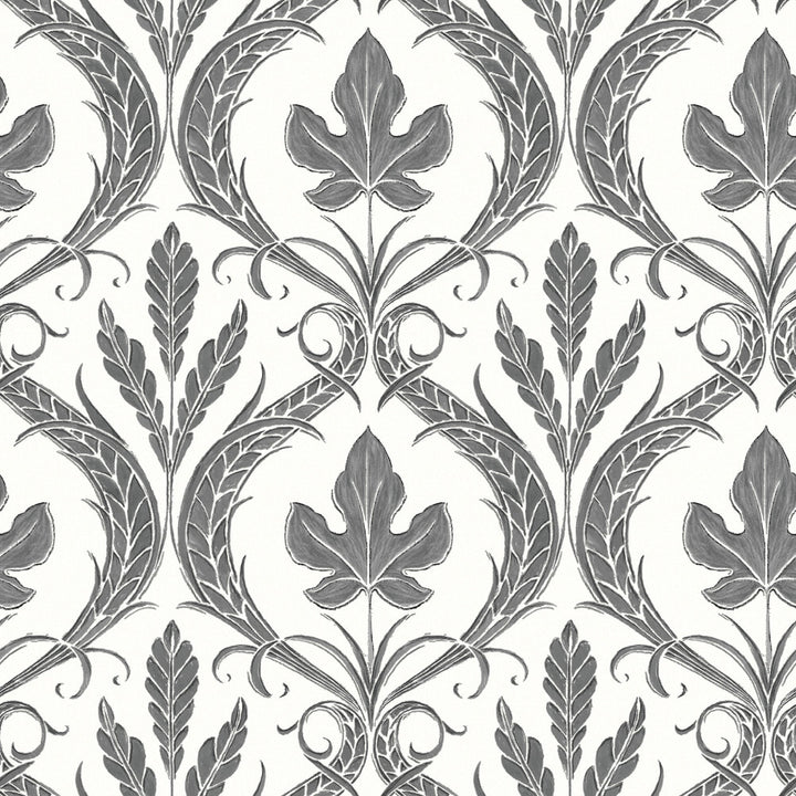 Adirondack Damask Black & White Wallpaper by York Wallcoverings Damask Resource Library Covers about 56.4 square feet 20.5-in by 33-ft long roll Prepasted 20.5 - Fabric Carolina -