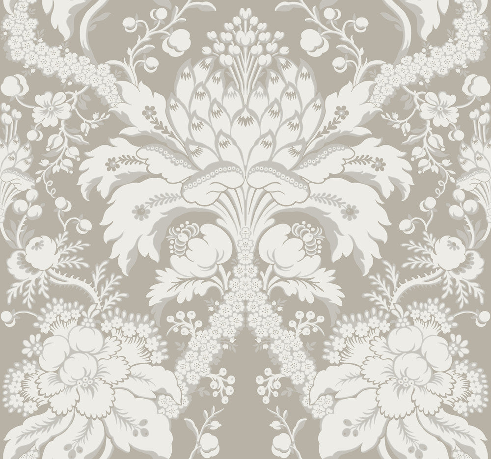 French Artichoke Dam Beige Wallpaper by York Wallcoverings Damask Resource Library Covers about 60.8 square feet 27-in by 27-ft long roll Prepasted 25.25 - Fabric Carolina -