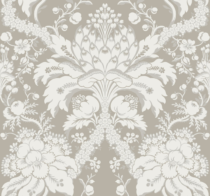 French Artichoke Dam Beige Wallpaper by York Wallcoverings Damask Resource Library Covers about 60.8 square feet 27-in by 27-ft long roll Prepasted 25.25 - Fabric Carolina -