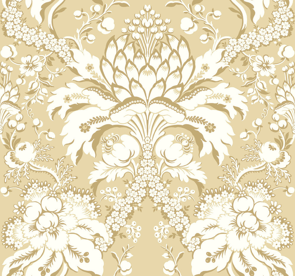 French Artichoke Dam Yellow Wallpaper by York Wallcoverings Damask Resource Library Covers about 60.8 square feet 27-in by 27-ft long roll Prepasted 25.25 - Fabric Carolina -
