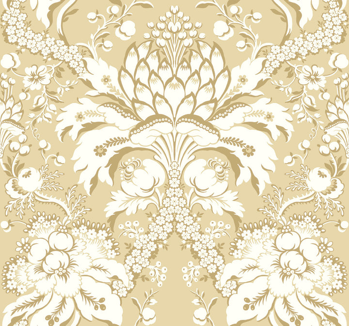 French Artichoke Dam Yellow Wallpaper by York Wallcoverings Damask Resource Library Covers about 60.8 square feet 27-in by 27-ft long roll Prepasted 25.25 - Fabric Carolina -
