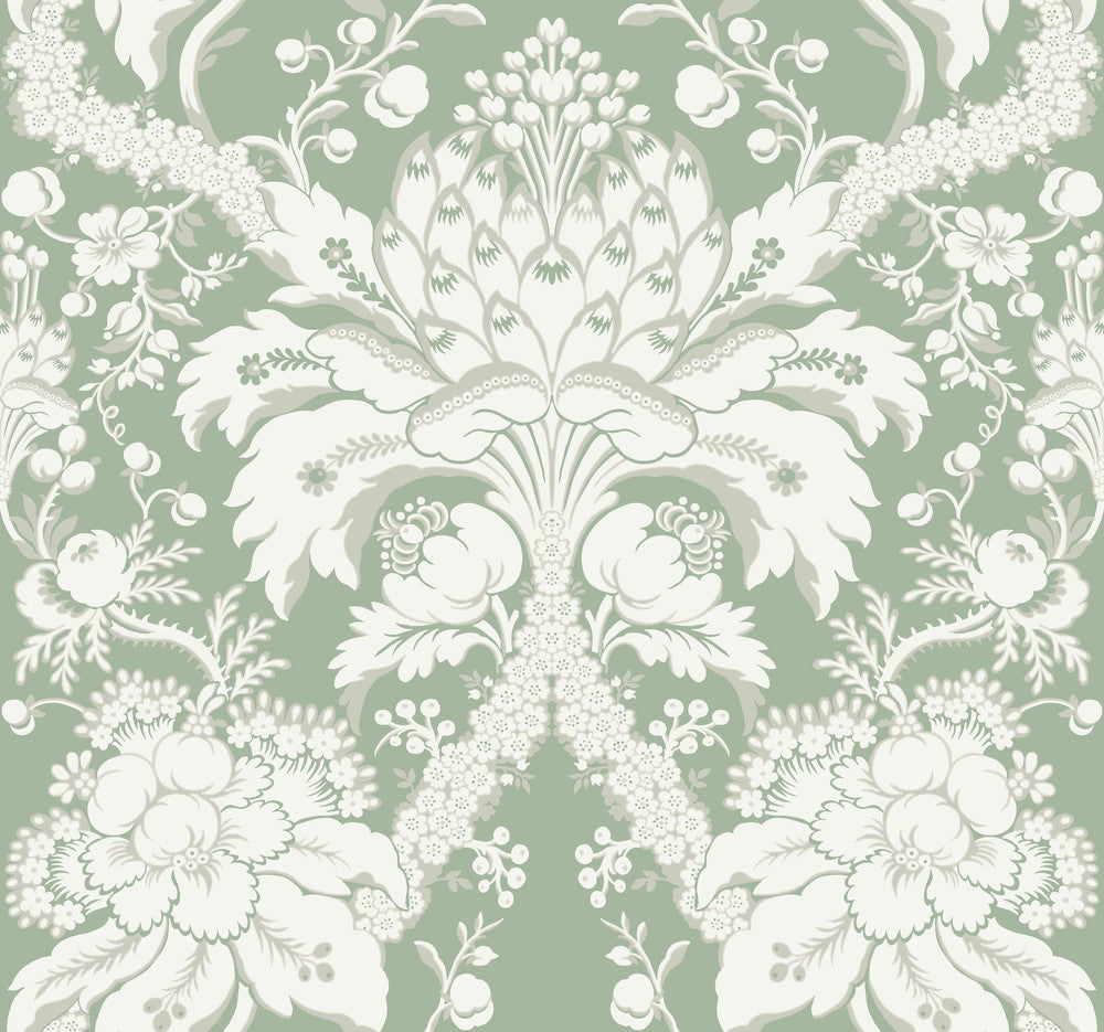 French Artichoke Dam Green Wallpaper by York Wallcoverings Damask Resource Library Covers about 60.8 square feet 27-in by 27-ft long roll Prepasted 25.25 - Fabric Carolina -