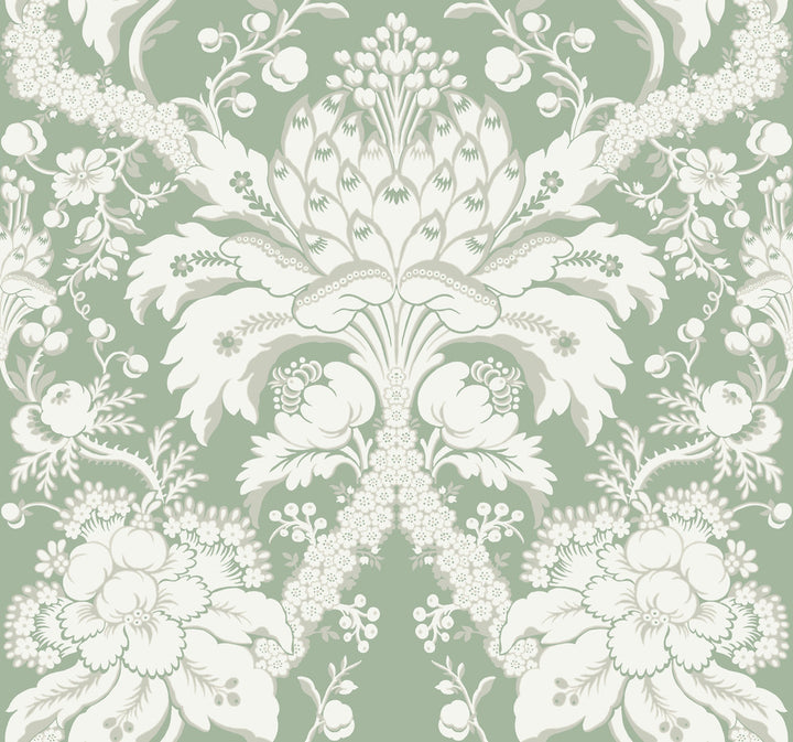 French Artichoke Dam Green Wallpaper by York Wallcoverings Damask Resource Library Covers about 60.8 square feet 27-in by 27-ft long roll Prepasted 25.25 - Fabric Carolina -