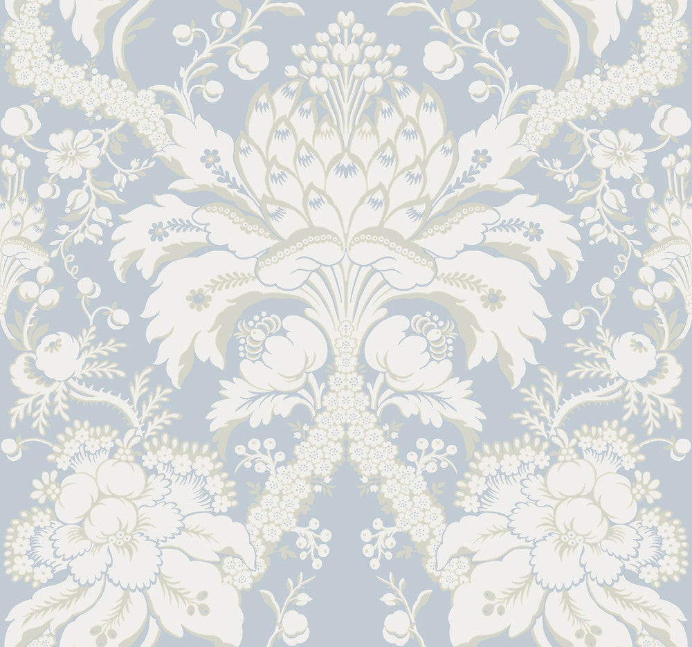 French Artichoke Dam Blue Wallpaper by York Wallcoverings Damask Resource Library Covers about 60.8 square feet 27-in by 27-ft long roll Prepasted 25.25 - Fabric Carolina -