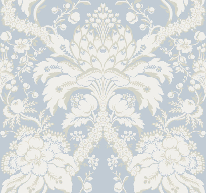 French Artichoke Dam Blue Wallpaper by York Wallcoverings Damask Resource Library Covers about 60.8 square feet 27-in by 27-ft long roll Prepasted 25.25 - Fabric Carolina -