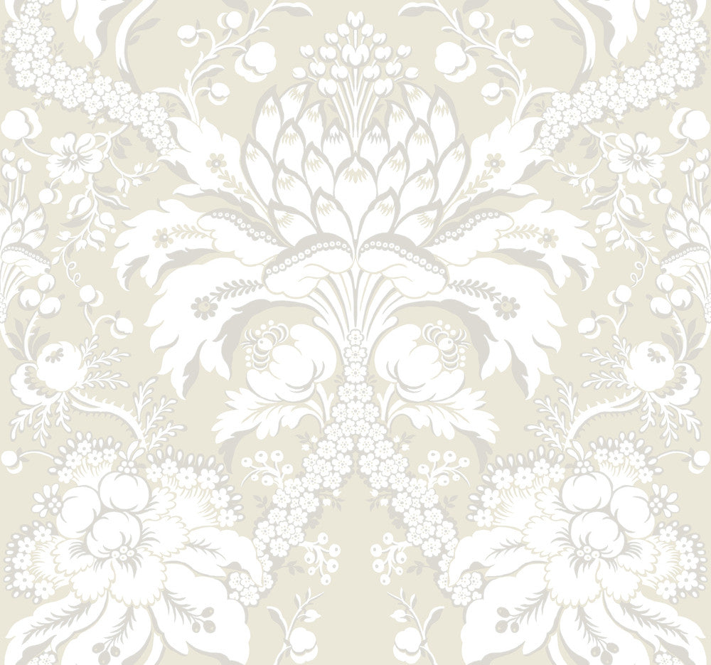 Artichoke Dam Beige & Gold Wallpaper by York Wallcoverings Damask Resource Library Covers about 60.8 square feet 27-in by 27-ft long roll Prepasted 25.25 - Fabric Carolina -