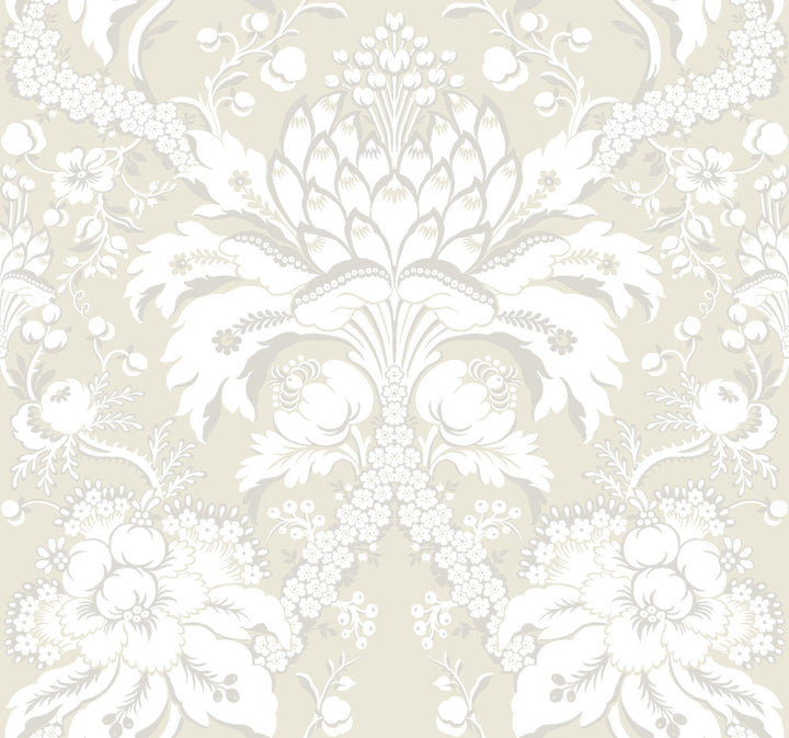 Artichoke Dam Beige & Gold Wallpaper by York Wallcoverings Damask Resource Library Covers about 60.8 square feet 27-in by 27-ft long roll Prepasted 25.25 - Fabric Carolina -