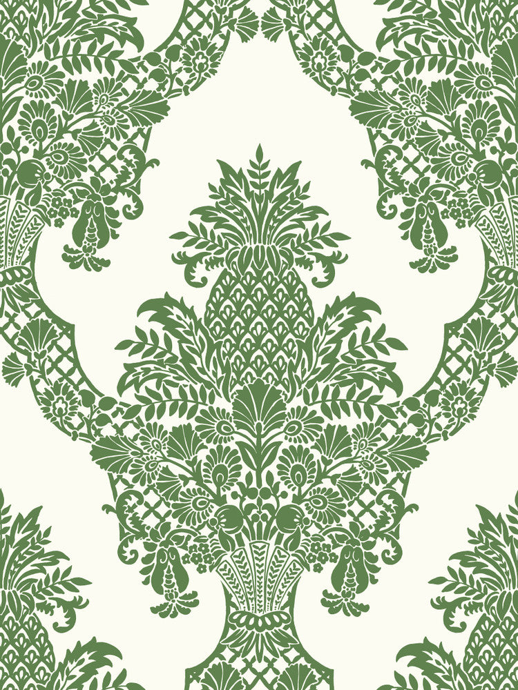 Pineapple Plantation Green & White Wallpaper by York Wallcoverings Damask Resource Library Covers about 60.8 square feet 27-in by 27-ft long roll Prepasted 36 - Fabric Carolina -