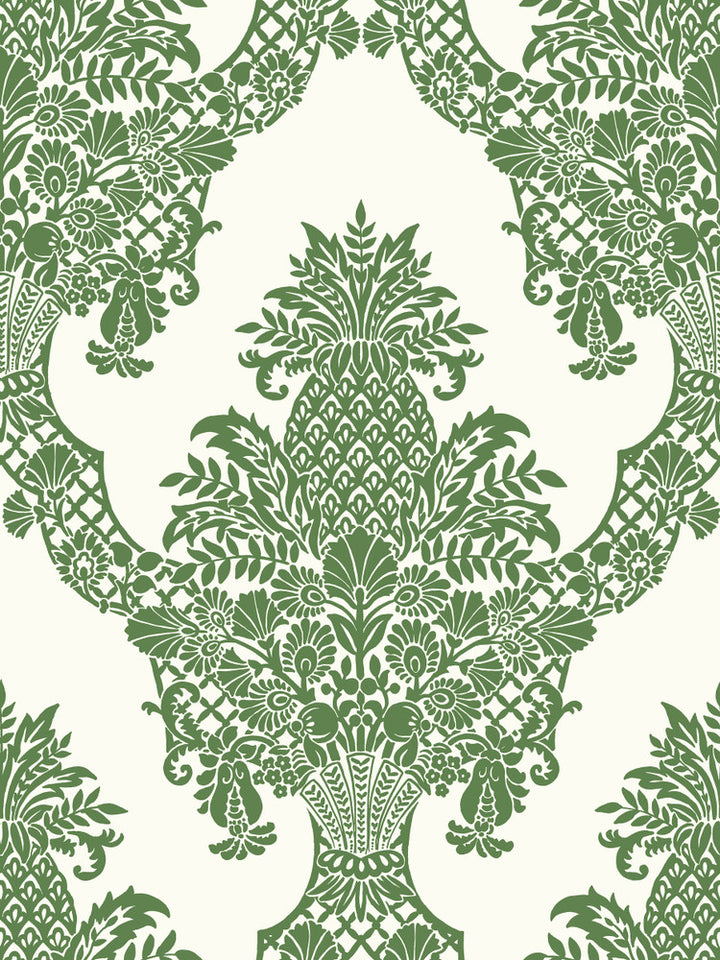 Pineapple Plantation Green & White Wallpaper by York Wallcoverings Damask Resource Library Covers about 60.8 square feet 27-in by 27-ft long roll Prepasted 36 - Fabric Carolina -