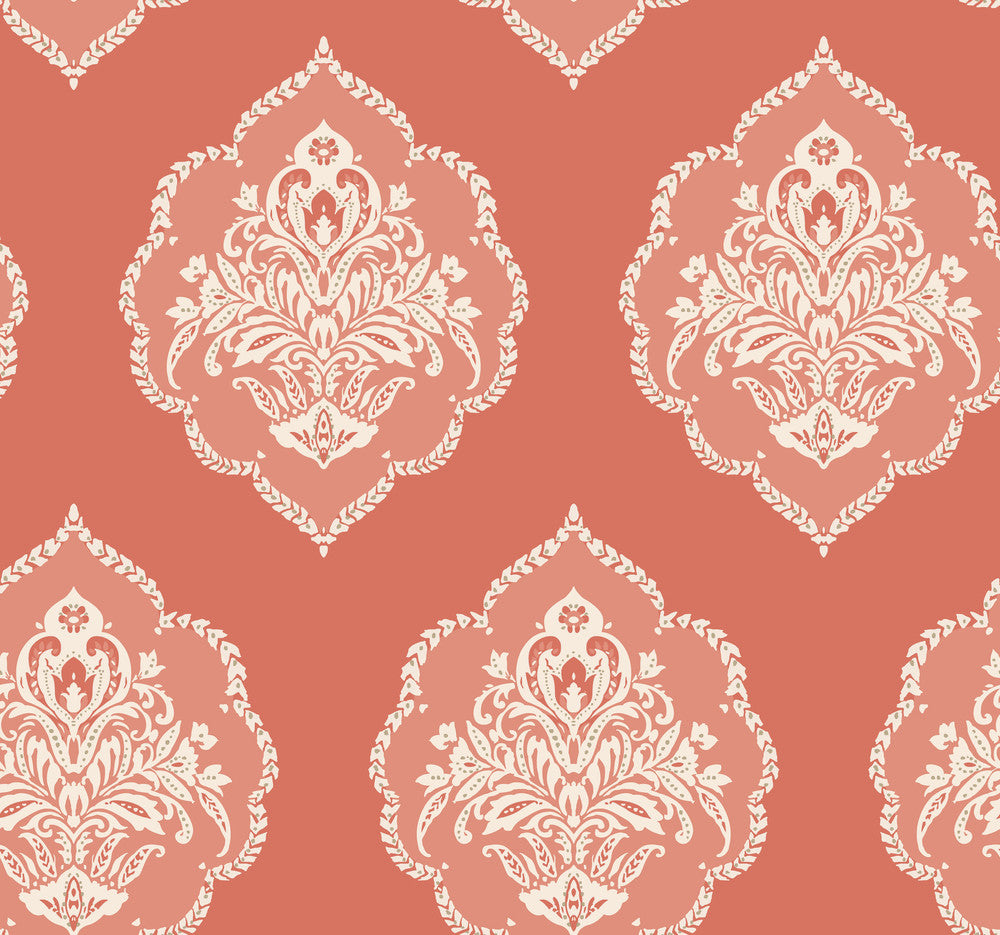 Signet Medallion Damask Coral Wallpaper by York Wallcoverings Damask Resource Library Covers about 60.8 square feet 27-in by 27-ft long roll Prepasted 25.25 - Fabric Carolina -