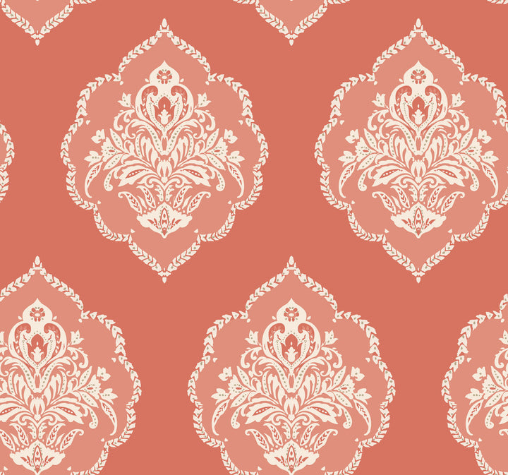 Signet Medallion Damask Coral Wallpaper by York Wallcoverings Damask Resource Library Covers about 60.8 square feet 27-in by 27-ft long roll Prepasted 25.25 - Fabric Carolina -
