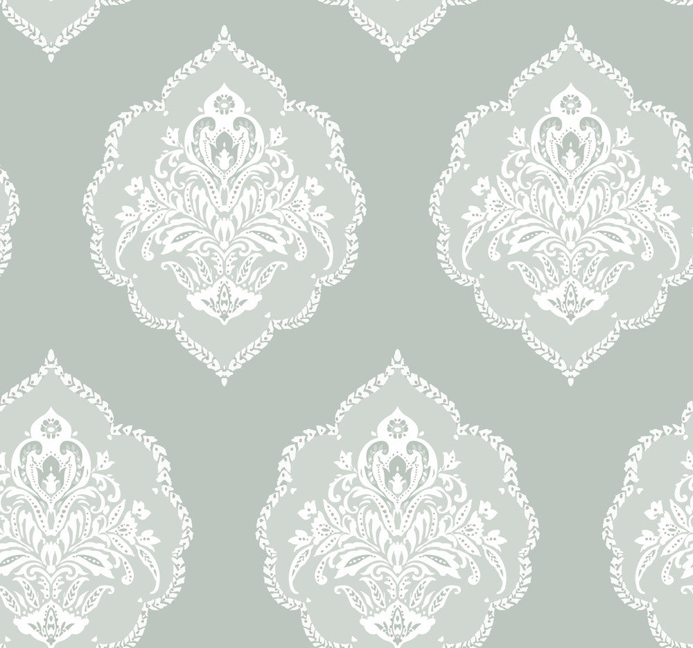 Signet Medallion Damask Green Wallpaper by York Wallcoverings Earthy Tones Covers about 60.8 square feet 27-in by 27-ft long roll Prepasted 25.25 - Fabric Carolina -