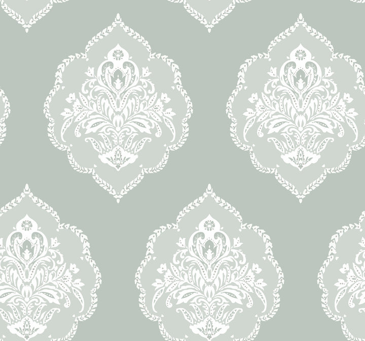 Signet Medallion Damask Green Wallpaper by York Wallcoverings Earthy Tones Covers about 60.8 square feet 27-in by 27-ft long roll Prepasted 25.25 - Fabric Carolina -