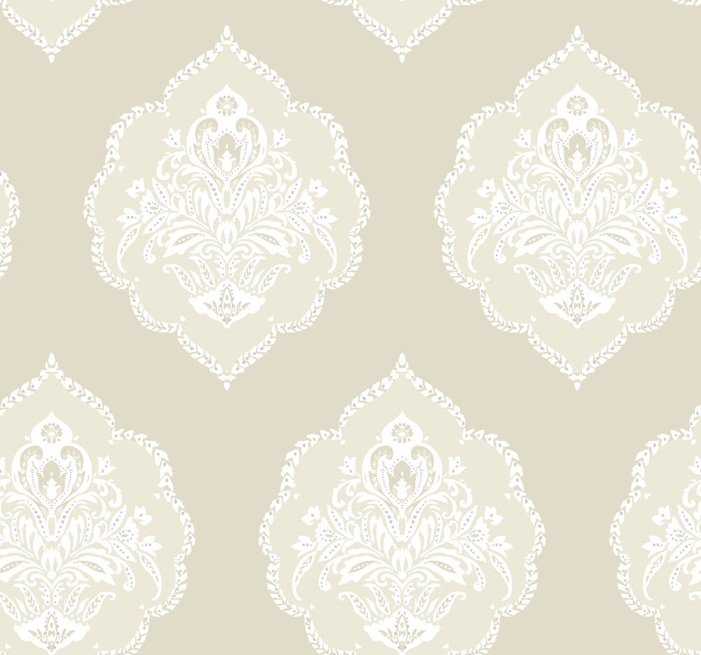 Signet Medallion Damask Beige Wallpaper by Inspired by Color Beige & Neutrals Covers about 60.8 square feet 27-in by 27-ft long roll Prepasted 25.25 - Fabric Carolina -