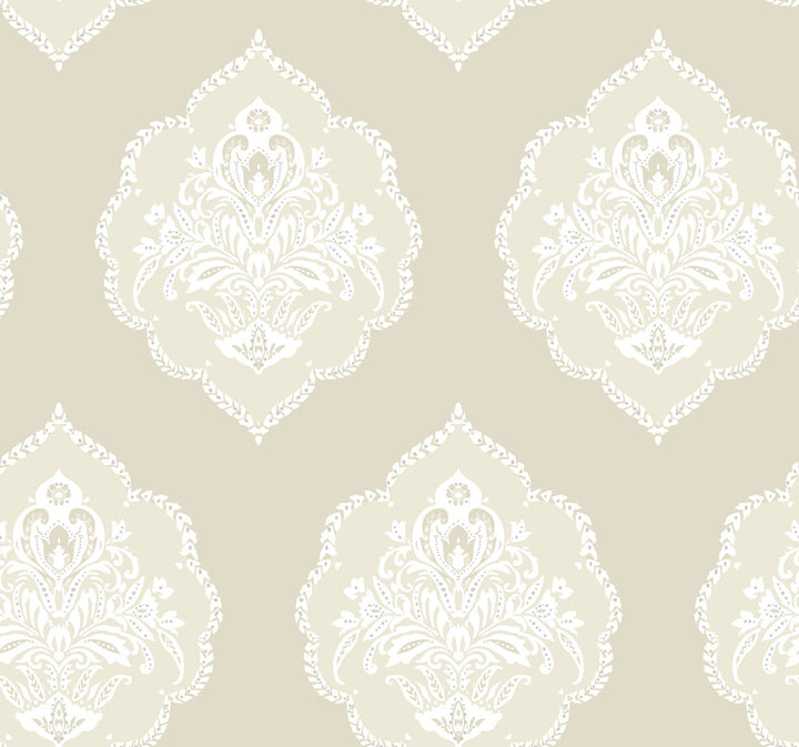 Signet Medallion Damask Beige Wallpaper by Inspired by Color Beige & Neutrals Covers about 60.8 square feet 27-in by 27-ft long roll Prepasted 25.25 - Fabric Carolina -