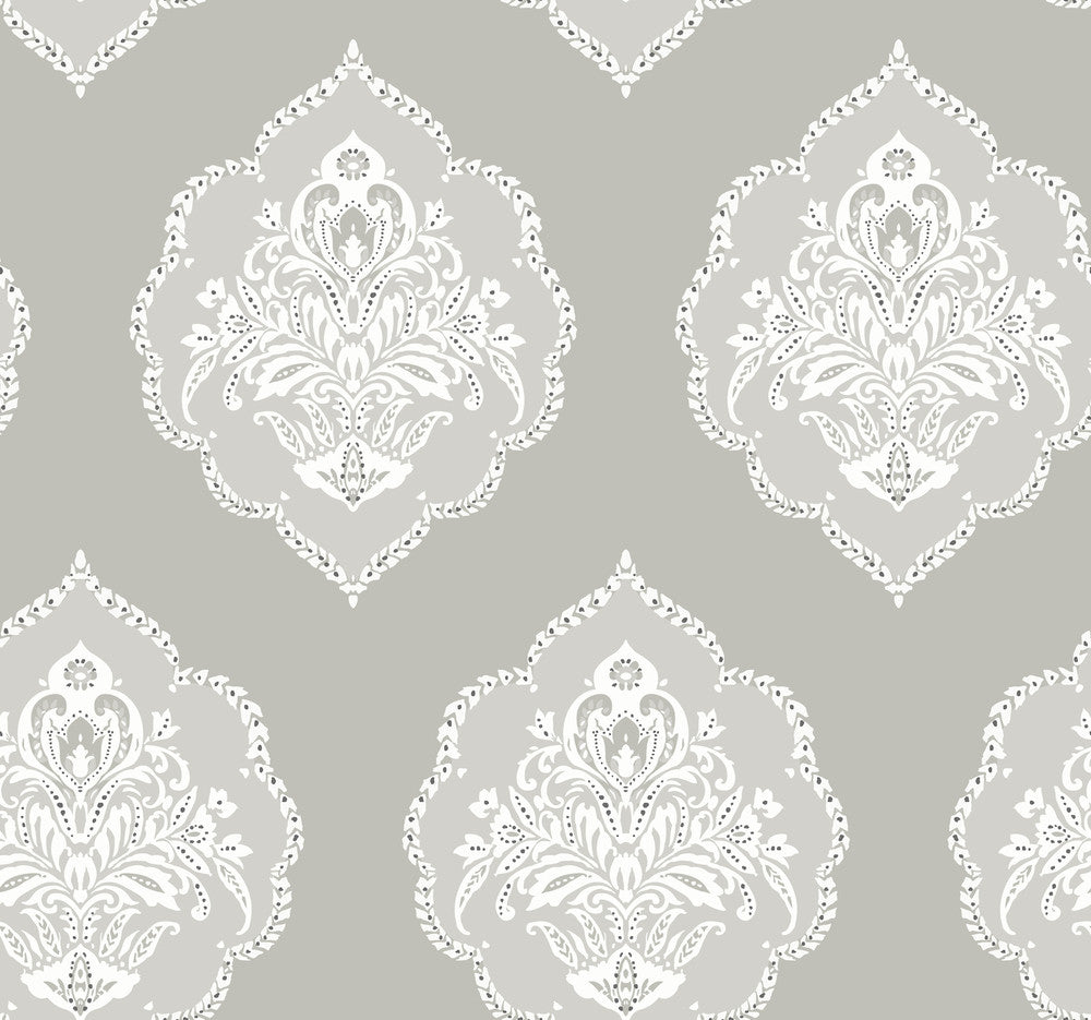 Signet Medallion Damask Grey Wallpaper by Inspired by Color Beige & Neutrals Covers about 60.8 square feet 27-in by 27-ft long roll Prepasted 25.25 - Fabric Carolina -