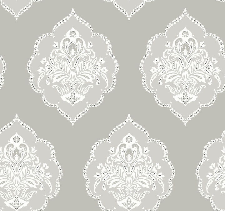Signet Medallion Damask Grey Wallpaper by Inspired by Color Beige & Neutrals Covers about 60.8 square feet 27-in by 27-ft long roll Prepasted 25.25 - Fabric Carolina -