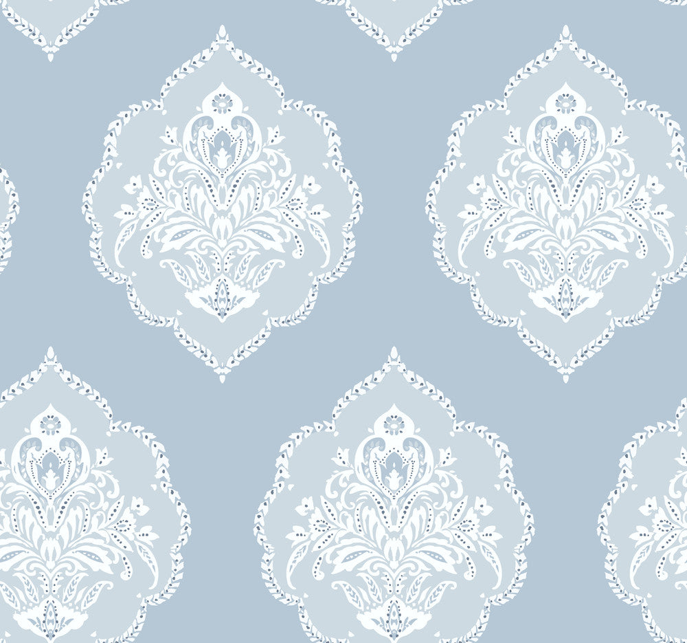Signet Medallion Damask Blue Wallpaper by Inspired by Color Blues II Covers about 60.8 square feet 27-in by 27-ft long roll Prepasted 25.25 - Fabric Carolina -