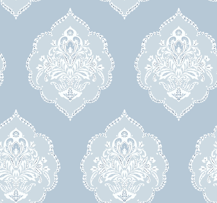 Signet Medallion Damask Blue Wallpaper by Inspired by Color Blues II Covers about 60.8 square feet 27-in by 27-ft long roll Prepasted 25.25 - Fabric Carolina -