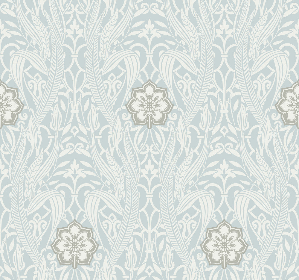 Gatsby Damask Blue Wallpaper by York Wallcoverings Damask Resource Library Covers about 60.8 square feet 27-in by 27-ft long roll Prepasted 25.25 - Fabric Carolina -