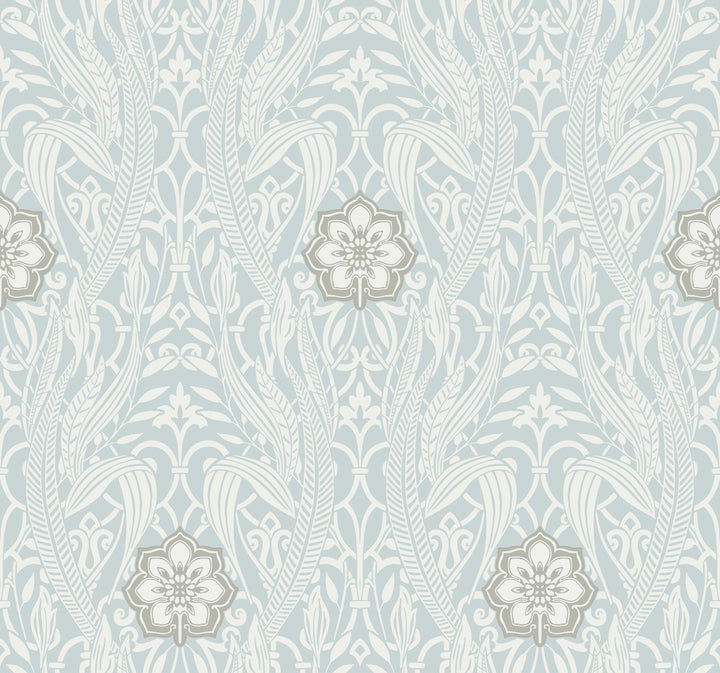 Gatsby Damask Blue Wallpaper by York Wallcoverings Damask Resource Library Covers about 60.8 square feet 27-in by 27-ft long roll Prepasted 25.25 - Fabric Carolina -