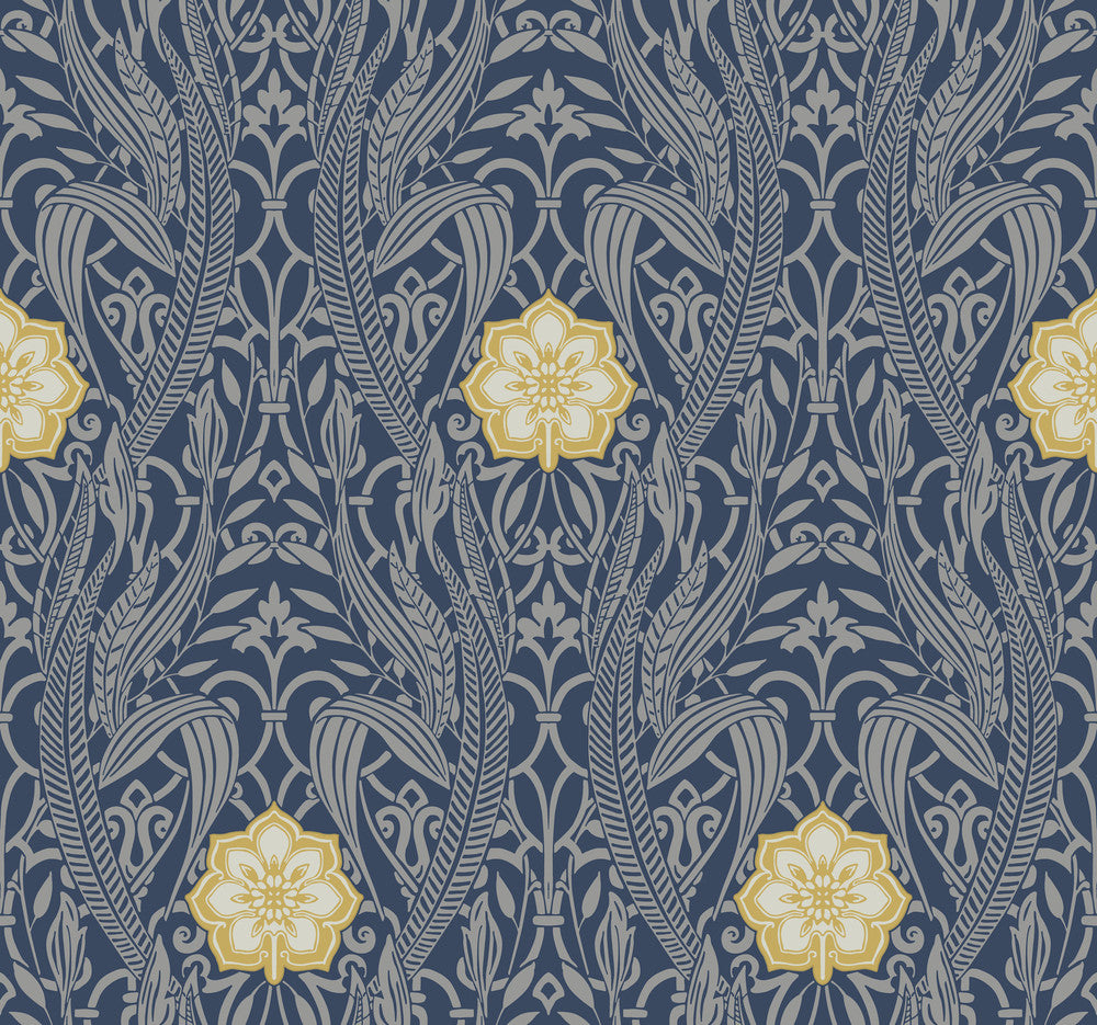 Gatsby Damask Navy Wallpaper by York Wallcoverings Damask Resource Library Covers about 60.8 square feet 27-in by 27-ft long roll Prepasted 25.25 - Fabric Carolina -