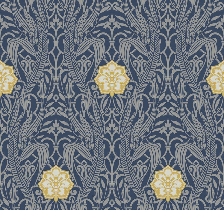 Gatsby Damask Navy Wallpaper by York Wallcoverings Damask Resource Library Covers about 60.8 square feet 27-in by 27-ft long roll Prepasted 25.25 - Fabric Carolina -