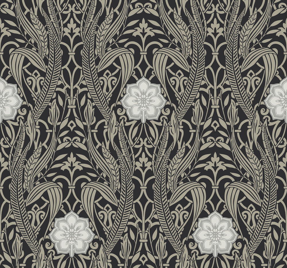 Gatsby Damask Black Wallpaper by York Wallcoverings Damask Resource Library Covers about 60.8 square feet 27-in by 27-ft long roll Prepasted 25.25 - Fabric Carolina -