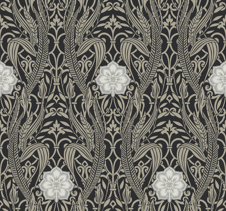 Gatsby Damask Black Wallpaper by York Wallcoverings Damask Resource Library Covers about 60.8 square feet 27-in by 27-ft long roll Prepasted 25.25 - Fabric Carolina -