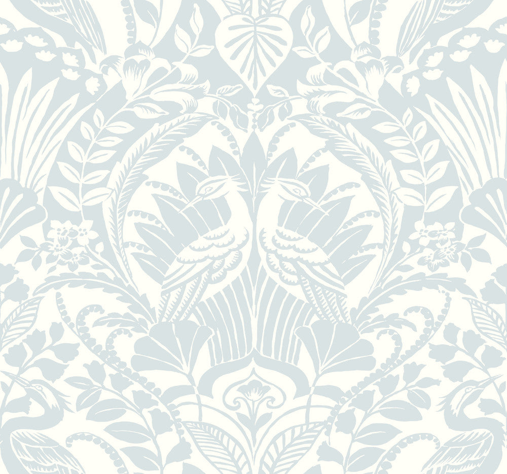 Egret Damask Blue Wallpaper by York Wallcoverings Damask Resource Library Covers about 60.8 square feet 27-in by 27-ft long roll Prepasted 25.25 - Fabric Carolina -