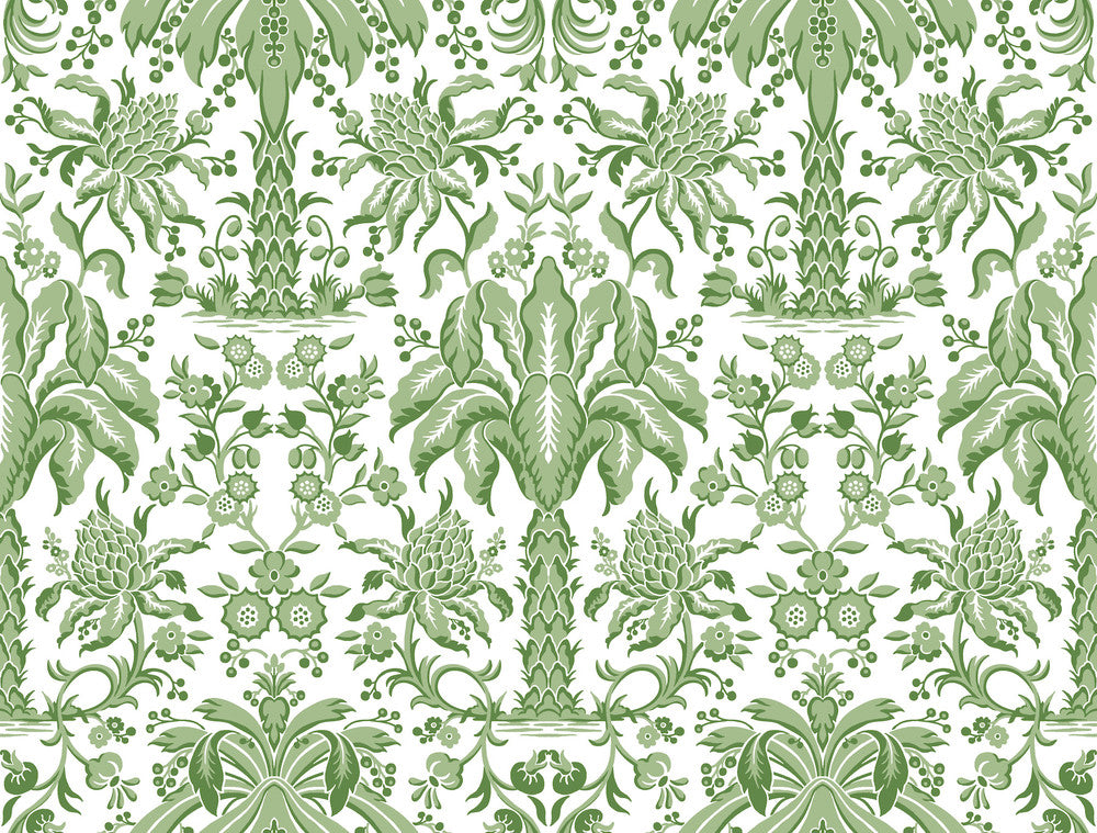 Palmetto Palm Damask Green Wallpaper by York Wallcoverings Damask Resource Library Covers about 60.8 square feet 27-in by 27-ft long roll Unpasted 20.5 - Fabric Carolina -