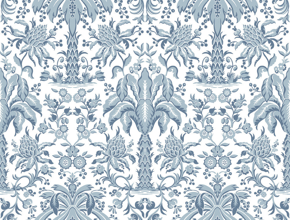 Palmetto Palm Damask Blue Wallpaper by York Wallcoverings Damask Resource Library Covers about 60.8 square feet 27-in by 27-ft long roll Unpasted 20.5 - Fabric Carolina -