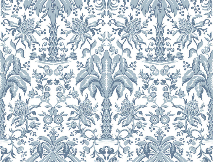 Palmetto Palm Damask Blue Wallpaper by York Wallcoverings Damask Resource Library Covers about 60.8 square feet 27-in by 27-ft long roll Unpasted 20.5 - Fabric Carolina -