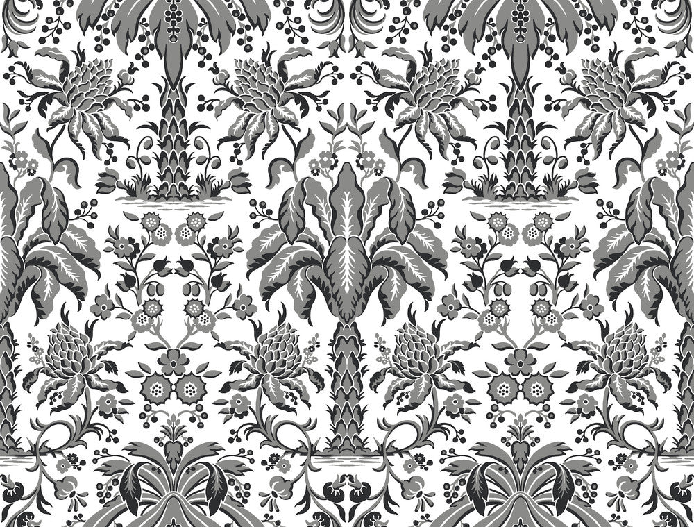 Palmetto Palm Damask Black Wallpaper by York Wallcoverings Damask Resource Library Covers about 60.8 square feet 27-in by 27-ft long roll Unpasted 20.5 - Fabric Carolina -