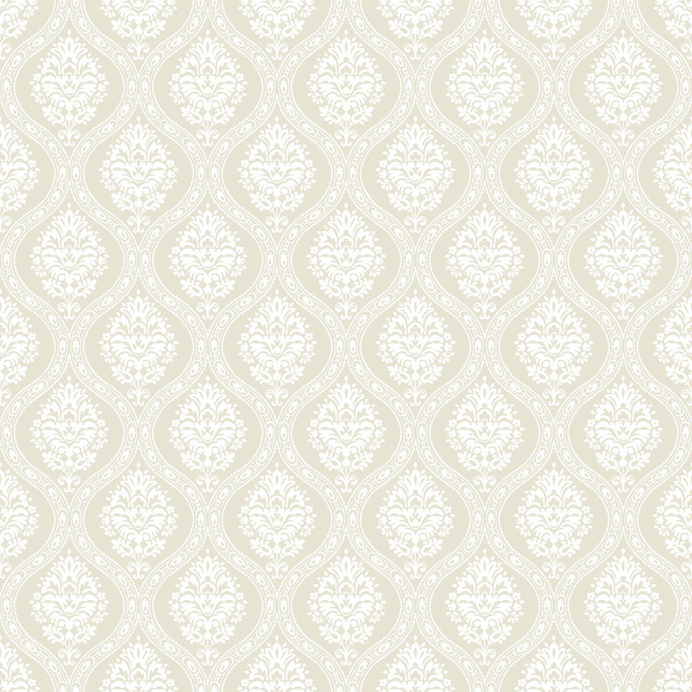 Petite Ogee Beige Wallpaper by York Wallcoverings Damask Resource Library Covers about 56.4 square feet 20.5-in by 33-ft long roll Prepasted 20.5 - Fabric Carolina -