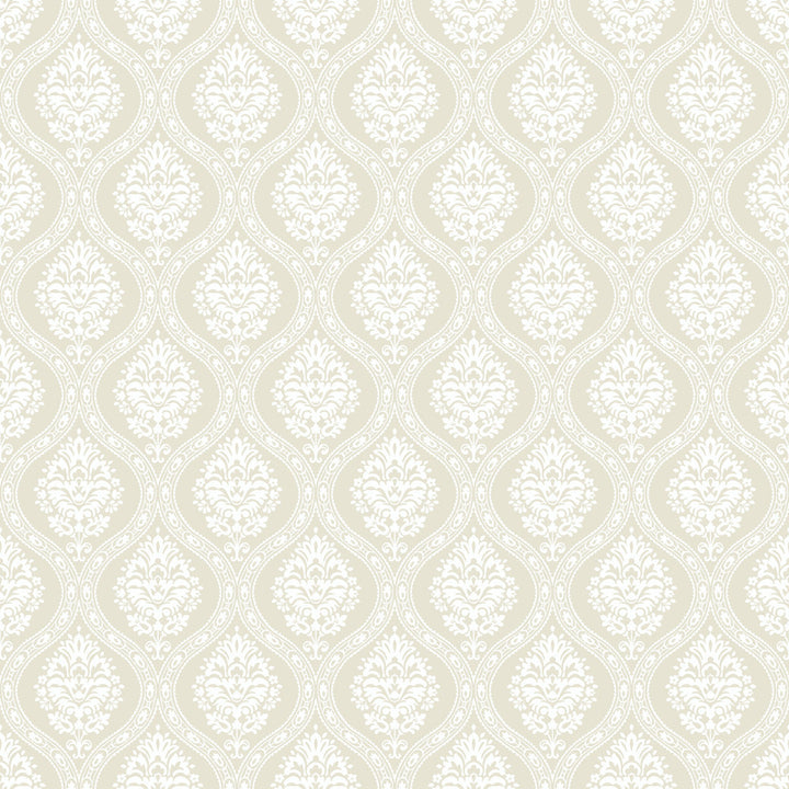 Petite Ogee Beige Wallpaper by York Wallcoverings Damask Resource Library Covers about 56.4 square feet 20.5-in by 33-ft long roll Prepasted 20.5 - Fabric Carolina -