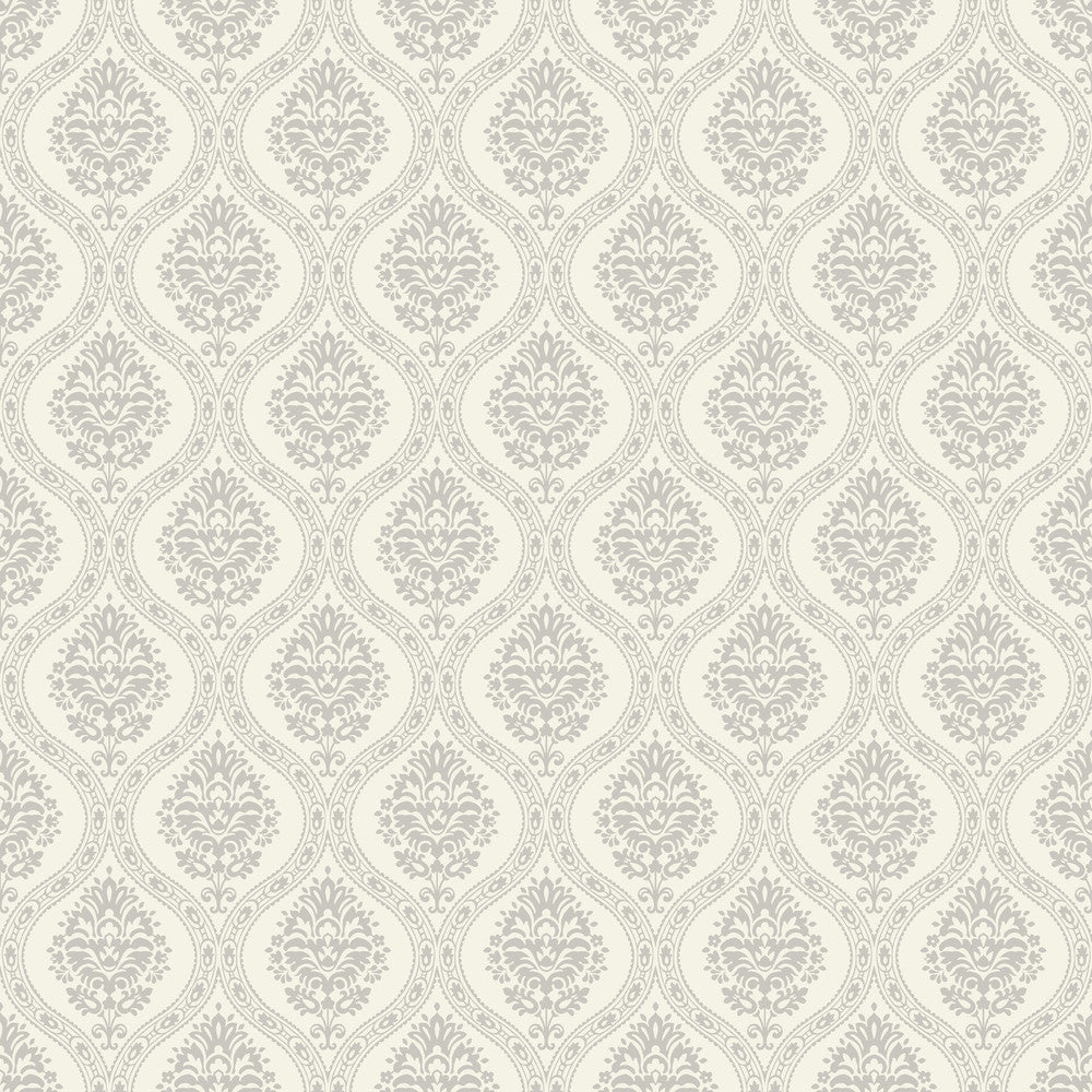 Petite Ogee Taupe Wallpaper by York Wallcoverings Damask Resource Library Covers about 56.4 square feet 20.5-in by 33-ft long roll Prepasted 20.5 - Fabric Carolina -