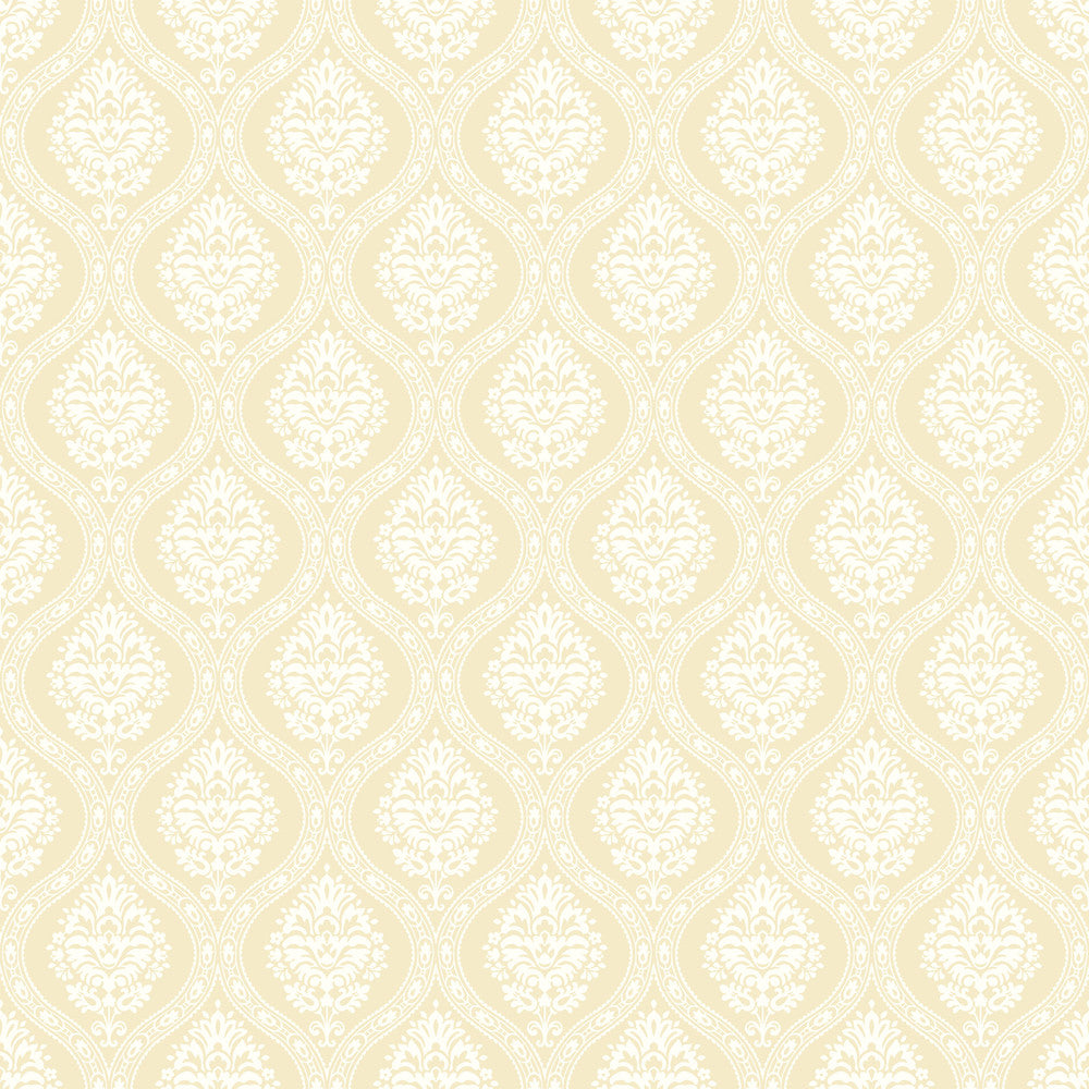Petite Ogee Yellow Wallpaper by York Wallcoverings Damask Resource Library Covers about 56.4 square feet 20.5-in by 33-ft long roll Prepasted 20.5 - Fabric Carolina -