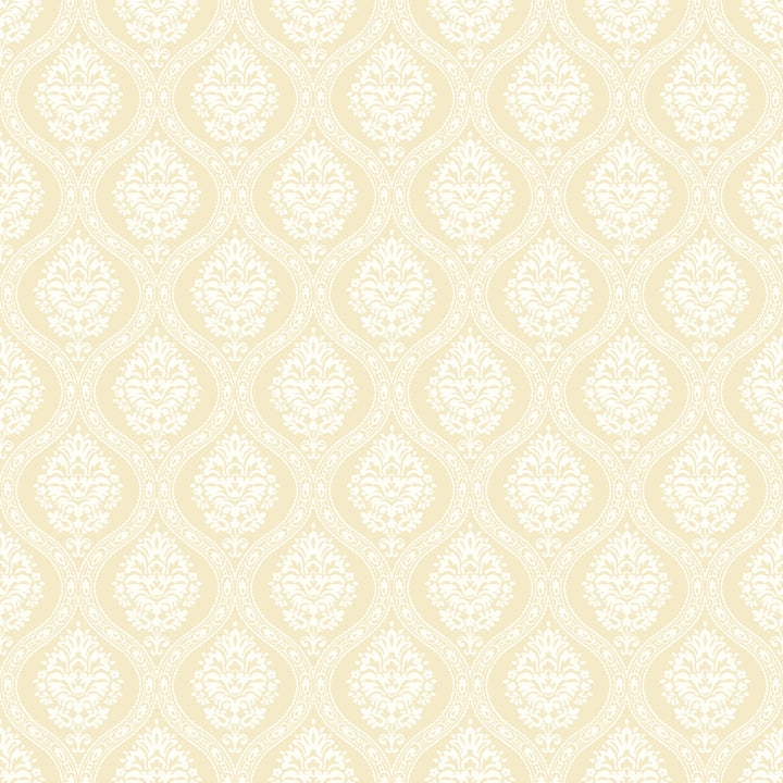 Petite Ogee Yellow Wallpaper by York Wallcoverings Damask Resource Library Covers about 56.4 square feet 20.5-in by 33-ft long roll Prepasted 20.5 - Fabric Carolina -