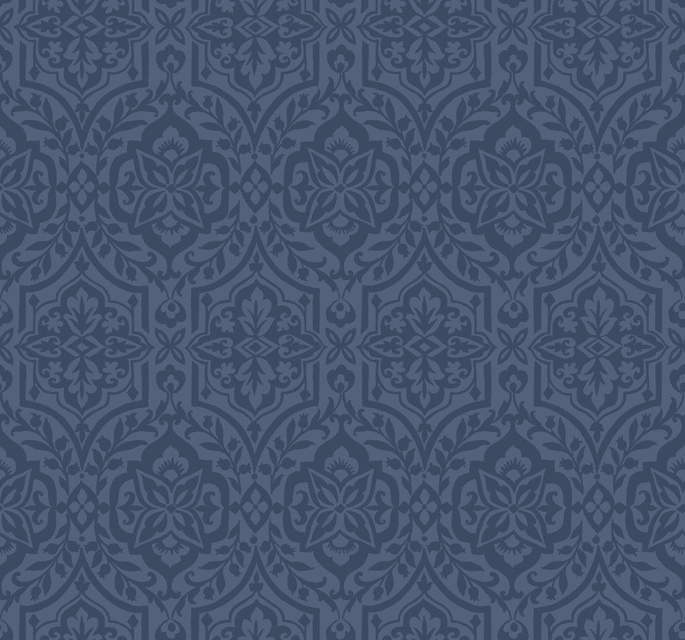 Cathedral Damask Blue Wallpaper by Inspired by Color Blues II Covers about 60.8 square feet 27-in by 27-ft long roll Prepasted 25.25 - Fabric Carolina -